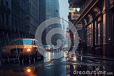 Rain in the city. Road, pavement, car in rain, close up. Generative AI Stock Photo
