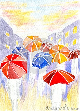 Rain in city Cartoon Illustration