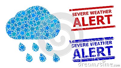 Rain Cloud Star Mosaic and Severe Weather Alert Textured Stamps Stock Photo