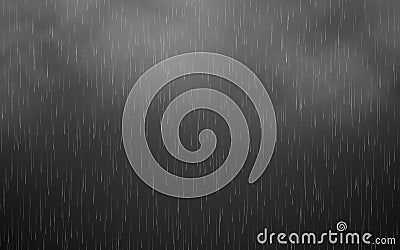 Rain and clouds on dark texture. Realistic raindrops. Summer rainfall. Falling rain backdrop. Water droplets with steam Vector Illustration