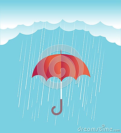 Rain clouds with red umbrella.Vector spring sky Vector Illustration