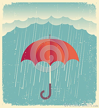 Rain clouds with red umbrella.Vintage poster on old paper Vector Illustration