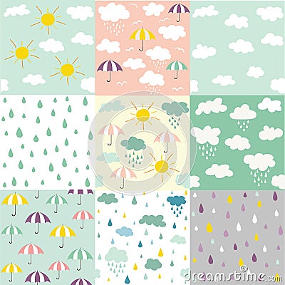 Rain and clouds seamless patterns Vector Illustration