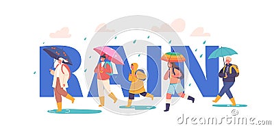 Rain Concept, Happy Kids Walk under Umbrella, Little Boys and Girls Characters Walking by Puddles at Rainy Weather Vector Illustration