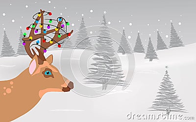 Vector of santas reindeer with Christmas lights or bulbs on horns standing in a snowy environment Vector Illustration