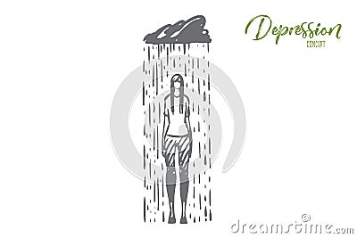 Rain, depression, woman, sad, stress concept. Hand drawn isolated vector. Vector Illustration