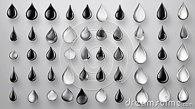 rain drops on a surface A water drop icon set, showing the simplicity and the elegance of water. The icons are black and white Stock Photo