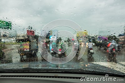 Rain drops on windshield car Stock Photo