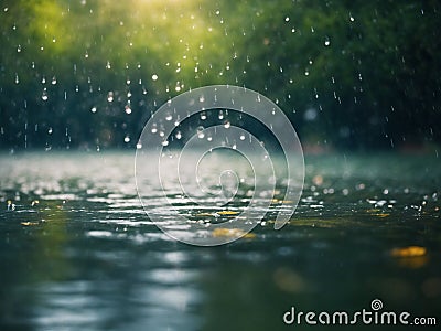 rain falling on green lake water surface raindrops abstract nature macro background Stock Photo