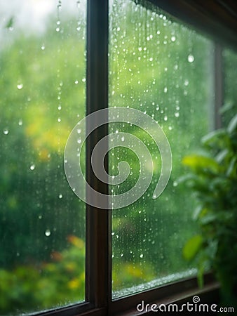 rain falling on window pane raindrops sliding down glass surface Stock Photo