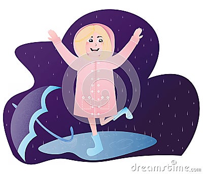 Little girl in pink waterproof coat playing outside under the rain, jumping and splashing Vector Illustration