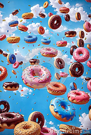 Rain of glazed donuts sprinkled. Generative AI. Stock Photo