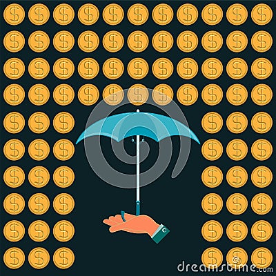 Rain of gold dollar coins and an umbrella in his hand. Vector Illustration