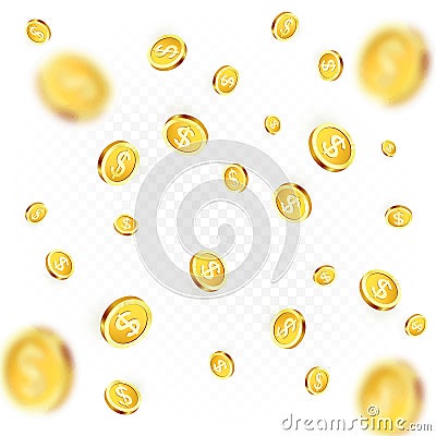 Rain of golden coins. Falling or flying money. Realistic gold coin on transparent background Vector Illustration