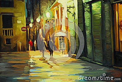 Rain in gothic quarter of barcelona, painting Cartoon Illustration