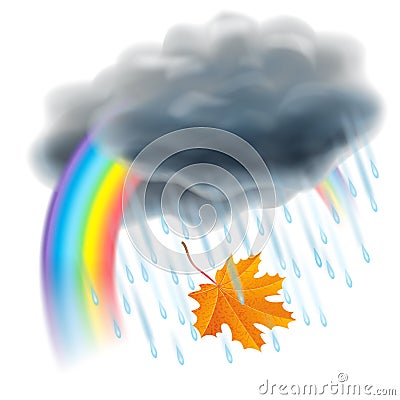 Rain illustration. Realistic gray clouds, raindrops and rainbow Vector Illustration