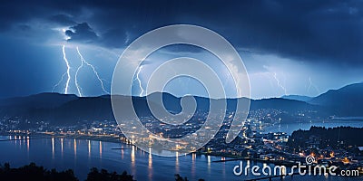 Rain, lightning, and thunderstorm at city near the sea during dusk a captivating and impressive spectacle of nature Stock Photo