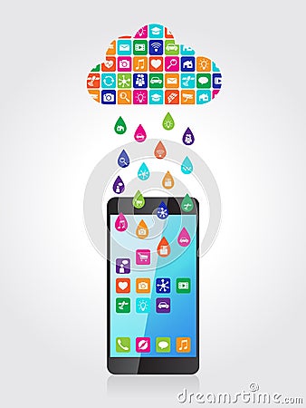 Rain from mobile apps: the application downloaded and installed to smartphone from the cloud Vector Illustration