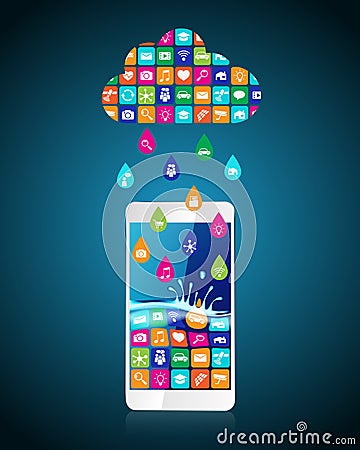 Rain from mobile apps: applications in the form of drops downloaded and installed to smartphone from the cloud Vector Illustration