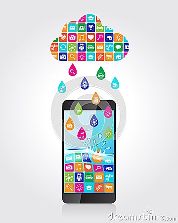 Rain from mobile apps: applications in the form of drops downloaded and installed to smartphone from the cloud Vector Illustration
