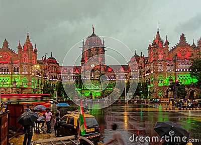 In Rain Mumbai Celebrating 73rd Independence Day of India CSMT in Tricolor Lighting Editorial Stock Photo