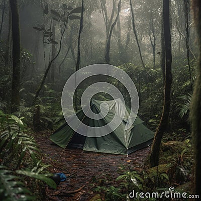 Rain over forest. The tent of tourists in the pouring rain Stock Photo