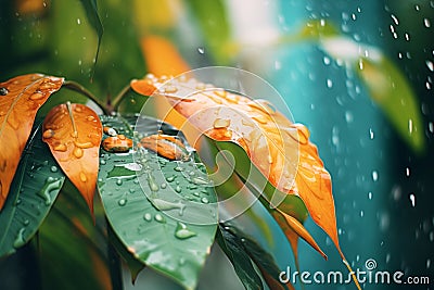 rain pouring on leaves, representing a tropical hardiness zone Stock Photo