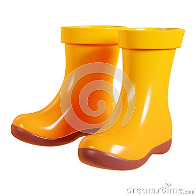 Rain rubber boots 3d render. Cartoon icon of pair of yellow gumboot for rainy weather or farm and garden works. Cartoon Illustration