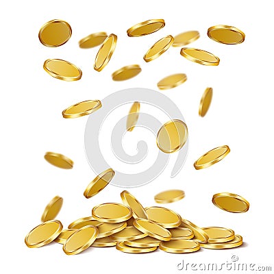 Rain from scattered round glossy gold coins on a white background. Increase your earnings. Vector Cartoon Illustration