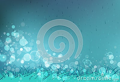 Rain season, falling of water with grass field blurry Bokeh star Vector Illustration