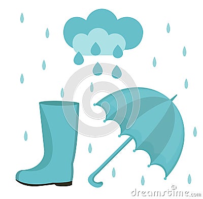 Rain set of flat or cartoon style. Autumn collection with umbrella, cloud, rubber boots. Isolated on white background Vector Illustration