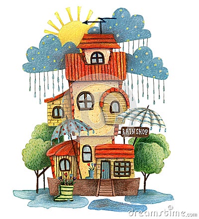 Rain shop with clouds, sun. trees and umbrella. Cartoon Illustration