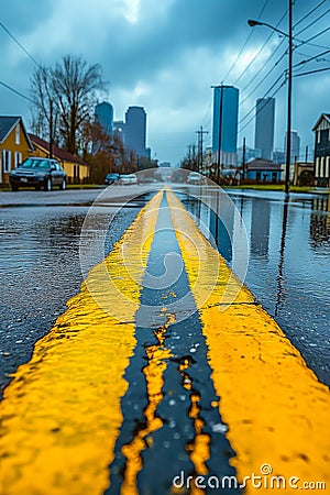 Rain-Slicked City Street with Vivid Yellow Lines Stock Photo