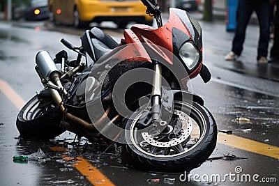 rain-soaked bike after a city roadside mishap Stock Photo