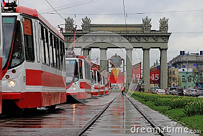 Rain and stilled trams Editorial Stock Photo