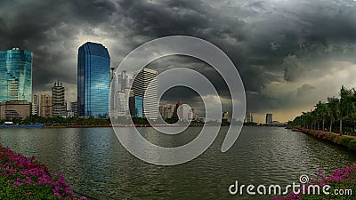 Rain and stormy clouds over cityscape, Bangkok, Stock Photo