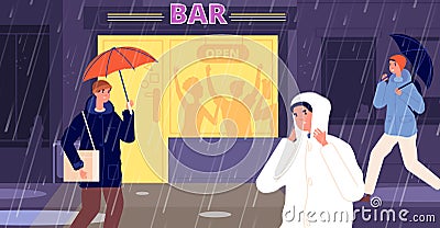 Rain on street. Night bar reopen, entrance lightning on dark. Rainy autumn city, business people walk with umbrella and Vector Illustration