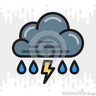 Rain with thunder or thunderstorm icon for weather forecast application or widget. Cloud with raindrops and lightning Vector Illustration