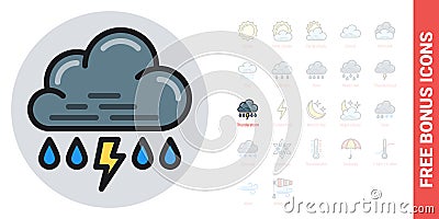 Rain with thunder or thunderstorm icon for weather forecast application or widget. Cloud with raindrops and lightning Vector Illustration