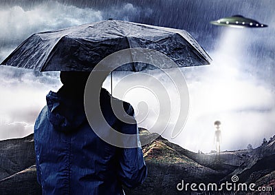 Rain umbrella, man and ufo of alien outdoor on spaceship in science fiction mystery on countryside adventure. Flying Stock Photo