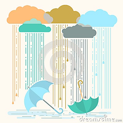 Rain.Vector illustration with stylish flat clouds and umbrellas Vector Illustration