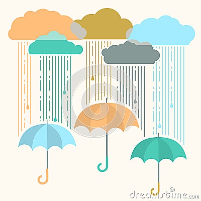 Rain.Vector image with stylish flat clouds and umbrella Vector Illustration