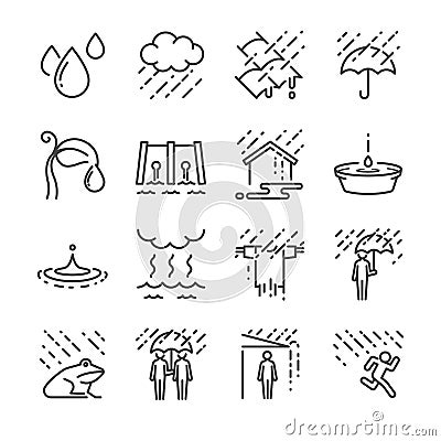 Rain vector line icon set. Included the icons as rain, umbrella, water, water drop and more. Vector Illustration
