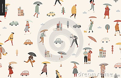 Rain - walking people seamless pattern Vector Illustration