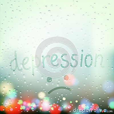 Rain on the window. Word depression is written a finger on the w Vector Illustration