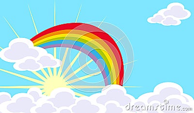 Rainbow in the sky with sun and clouds Stock Photo