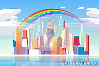 Rainbow above city skyline architecture waterfront Vector Illustration