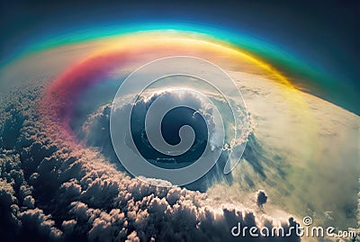 Rainbow above clouds in blue sky. Wide angle. Generative AI Stock Photo