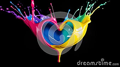 Rainbow abstract heart made of creamy splashes. Dark background. Pride love concept. Generative AI Stock Photo