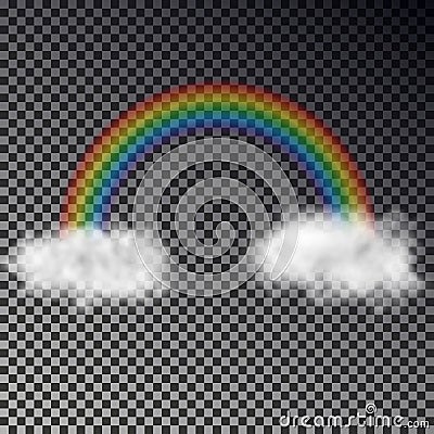 Rainbow arch with white clouds isolated on checkered background. Transparent magic rainbow decoratio Vector Illustration